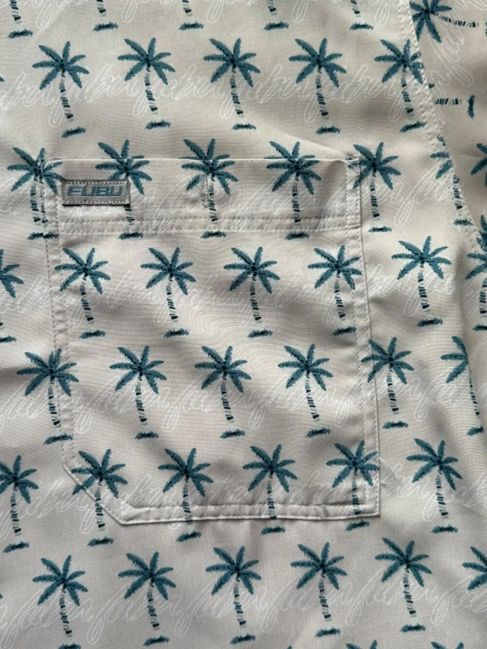 Vintage Y2K FUBU Men's XL Beige Palm Tree Shirt Tropical Vacation Button-Up